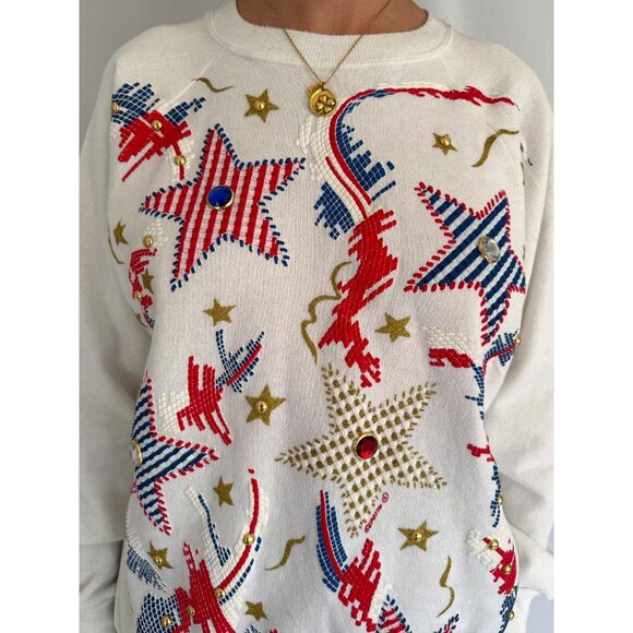 80s vintage embellished abstract star print USA retro graphic pullover sweater - Picture 6 of 7